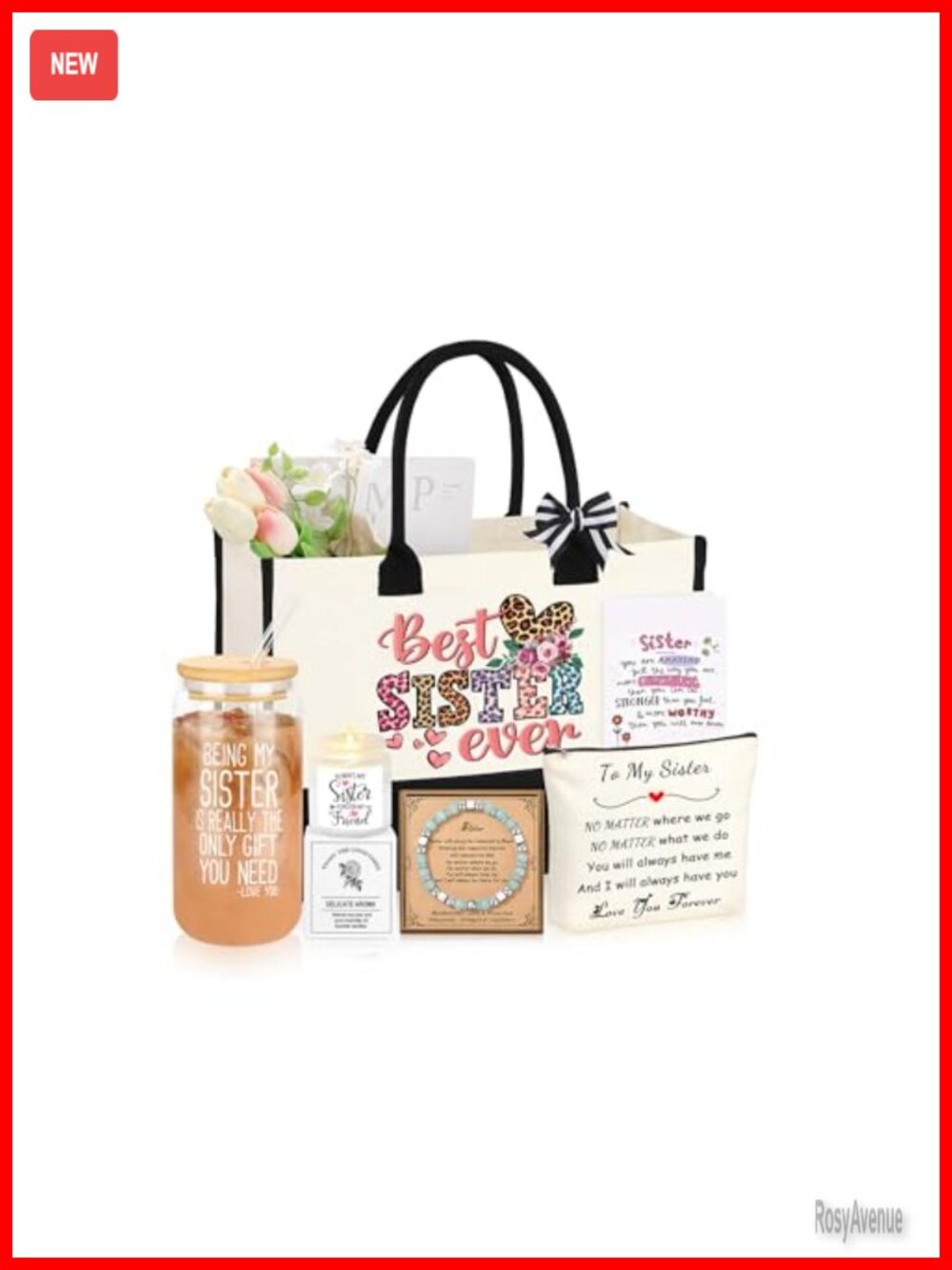Canvas Tote Bag Gift Set for Sister with Makeup Bag Glass Cup Bracelet